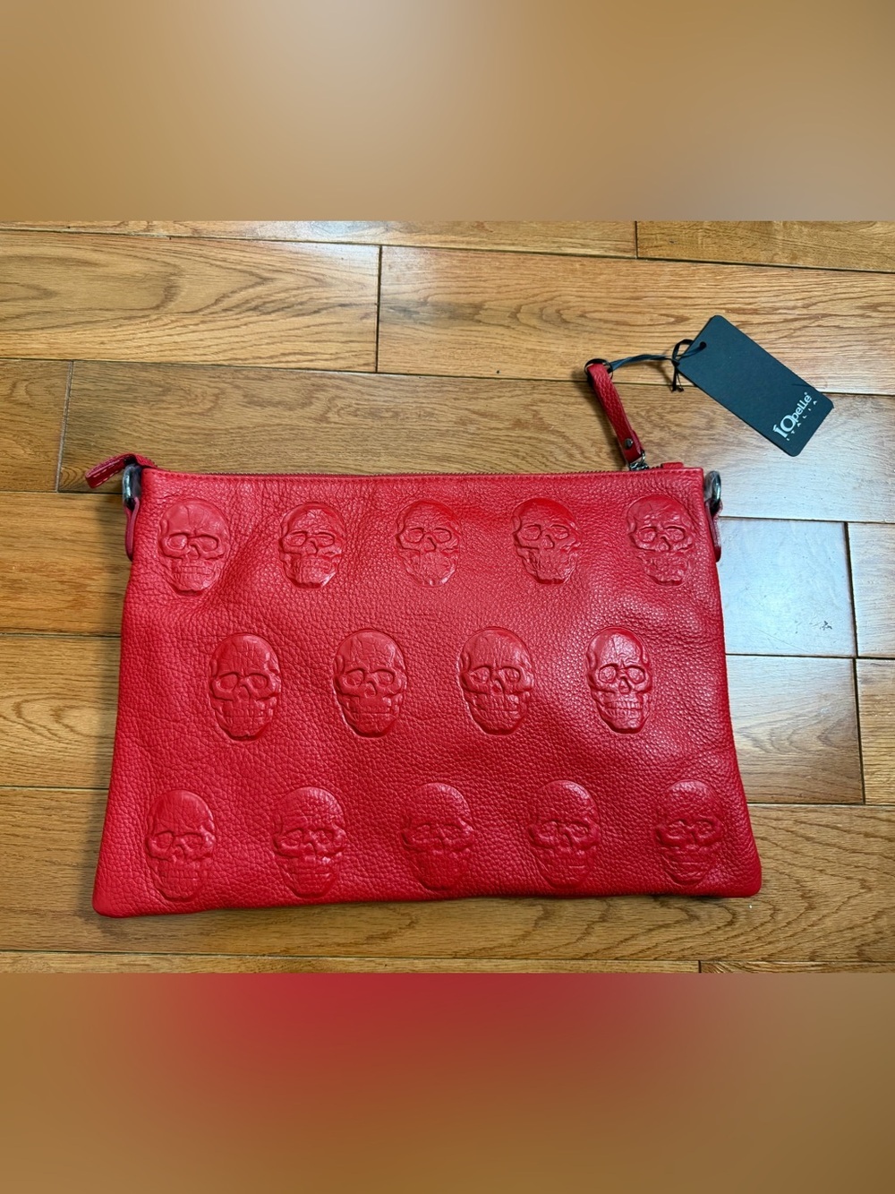 IO Pelle Red Skull Embossed Leather Crossbody Bag NWT